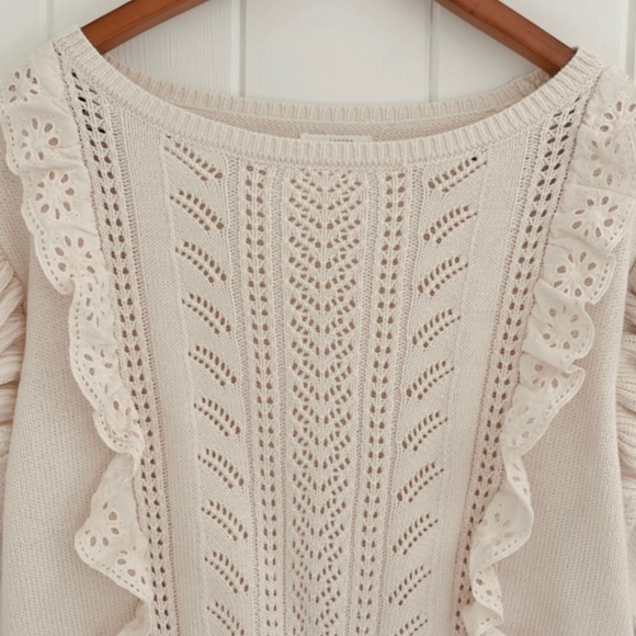 Lauren Conrad Eyelet Lace Knit Ruffles Crochet Short Sleeve Sweater Neutral XXL - Picture 5 of 13